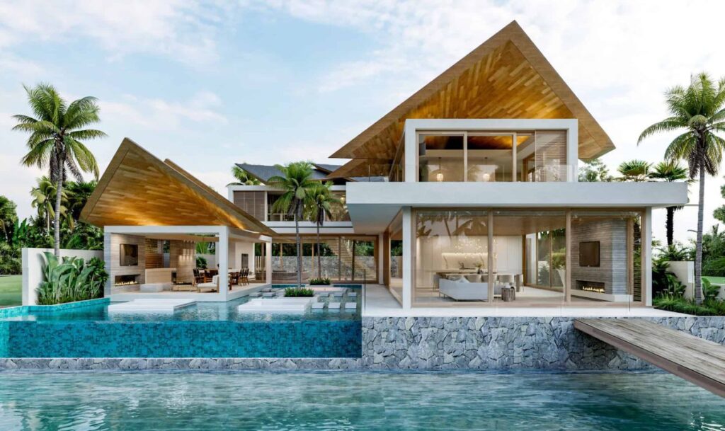 Modern Thai House Concept is a project located in Noosa Heads, Sunshine Coast, Australia was designed in concept stage by Chris Clout Design in Tropical contemporary style; it offers great connection between the indoors and outdoors with views to the waterfront and gardens.