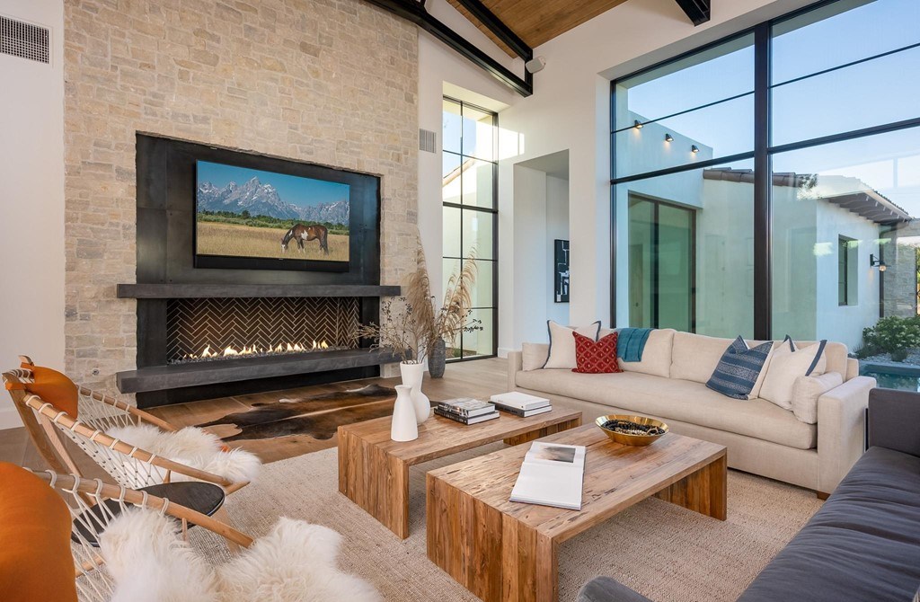 The Home in Rancho Santa Fe is a brand new estate with An impressive open-living great room boasts a soaring ceiling now available for sale. This home located at 16836 El Zorro Vis, Rancho Santa Fe, California