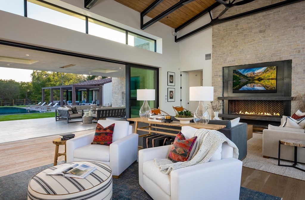 The Home in Rancho Santa Fe is a brand new estate with An impressive open-living great room boasts a soaring ceiling now available for sale. This home located at 16836 El Zorro Vis, Rancho Santa Fe, California