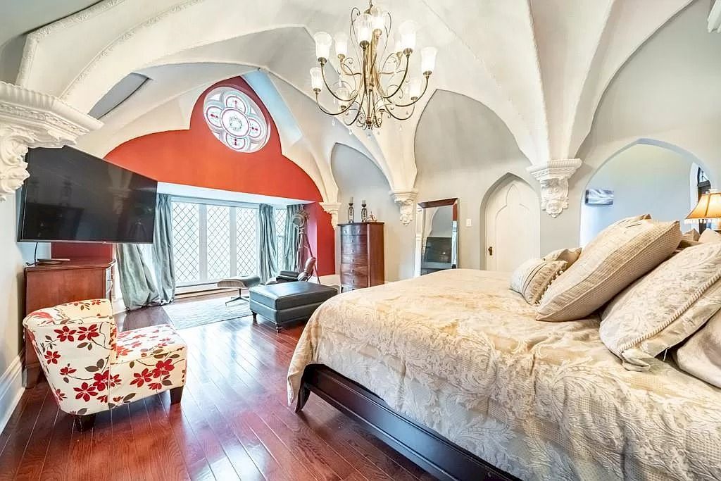The Mississauga Castle Embraces meticulous hand crafted wood work, painted murals and exquisite stained glass windows now available for sale