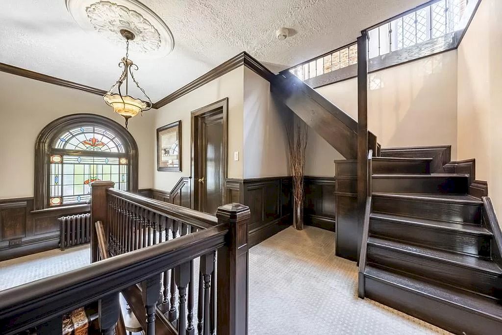 The Mississauga Castle Embraces meticulous hand crafted wood work, painted murals and exquisite stained glass windows now available for sale