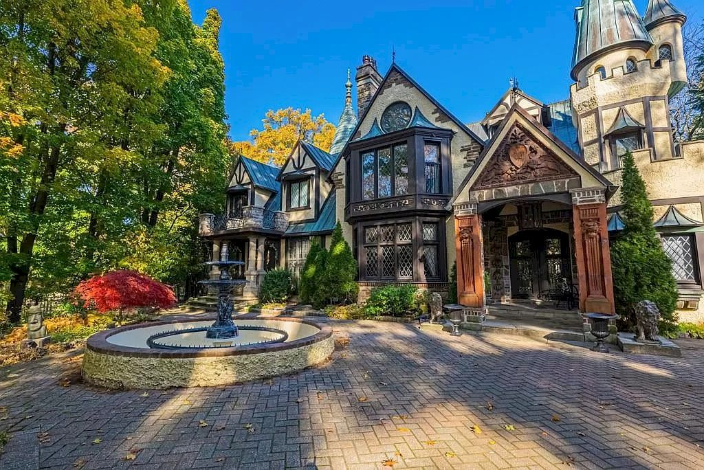 The Mississauga Castle Embraces meticulous hand crafted wood work, painted murals and exquisite stained glass windows now available for sale