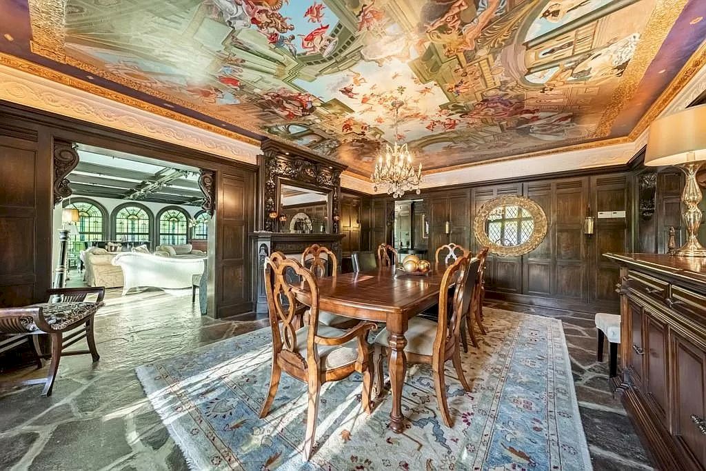 The Mississauga Castle Embraces meticulous hand crafted wood work, painted murals and exquisite stained glass windows now available for sale