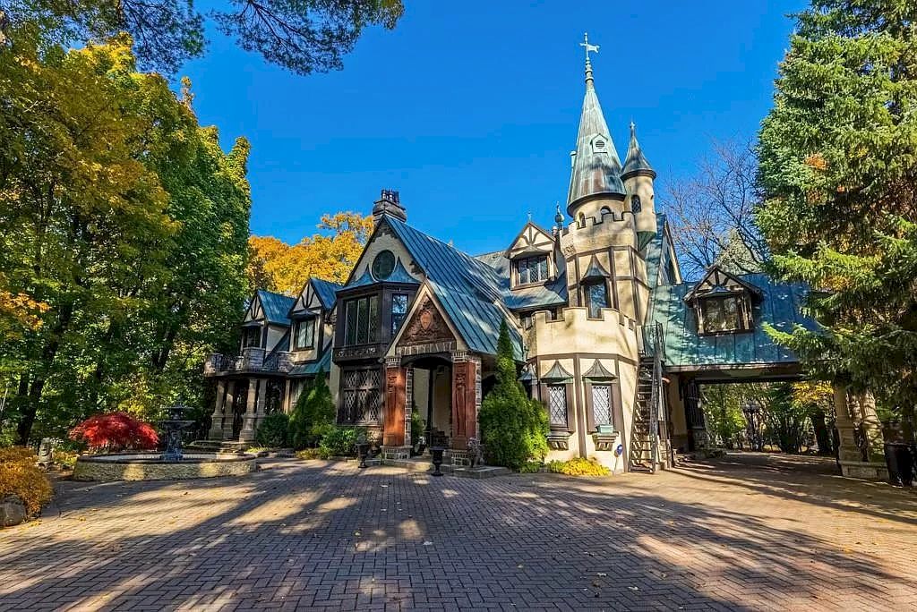 The Mississauga Castle Embraces meticulous hand crafted wood work, painted murals and exquisite stained glass windows now available for sale