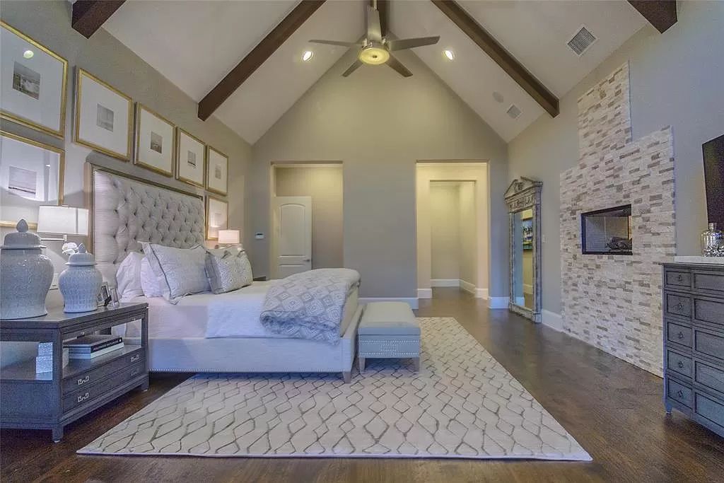 The Home in Flower Mound, a prominent 2 acre estate nestled in the gated and guarded neighborhood of Chateau de lac offering an impressive outdoor living and a picturesque entryway is now available for sale. This house located at 1901 Genevieve Ct, Flower Mound, Texas