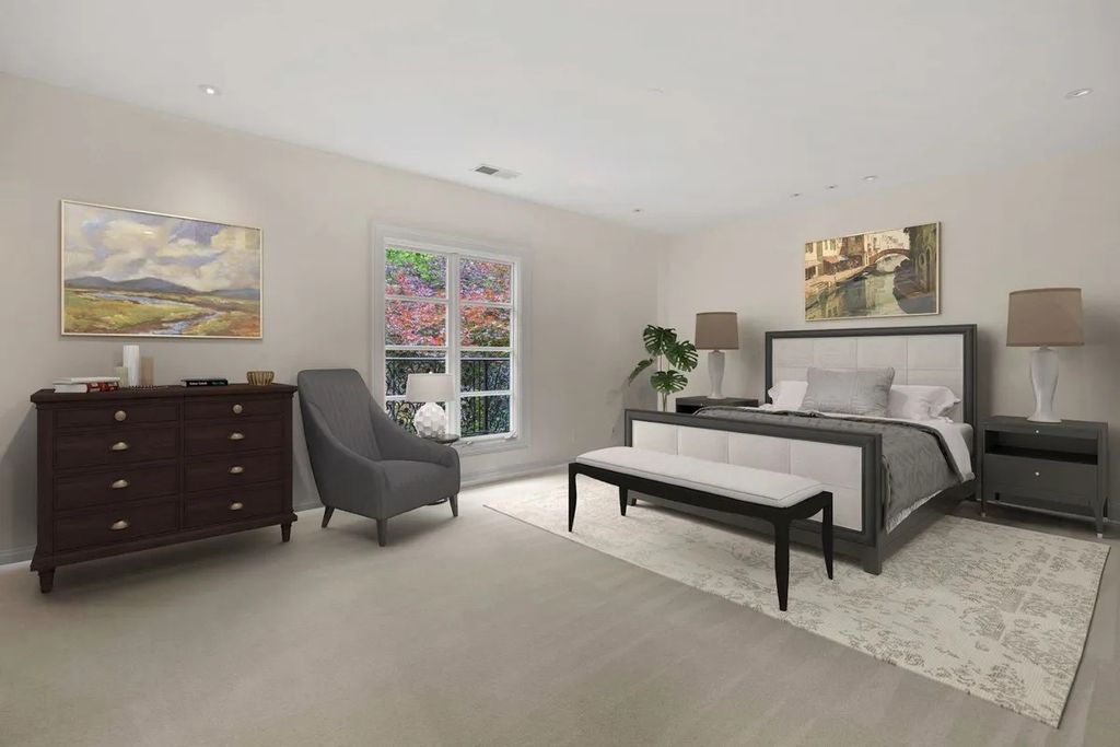 The Home in Bethesda features a private balcony seemingly floating in the woods, while an oversized walk-in closet and spa-inspired bath with separate vanities, now available for sale. This home located at 8814 Chalon Dr, Bethesda, Maryland