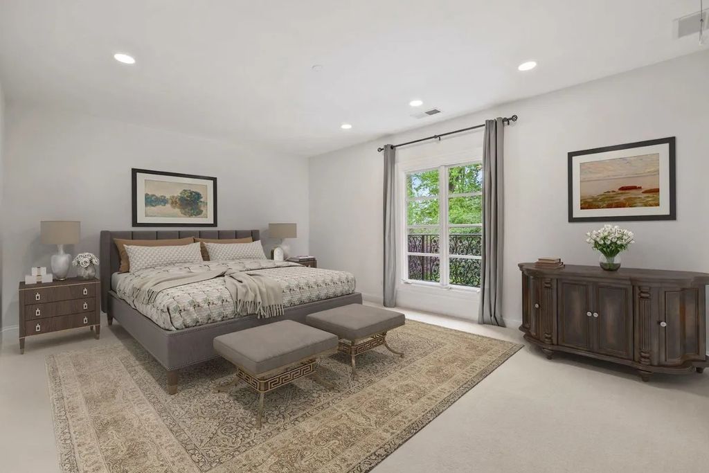 The Home in Bethesda features a private balcony seemingly floating in the woods, while an oversized walk-in closet and spa-inspired bath with separate vanities, now available for sale. This home located at 8814 Chalon Dr, Bethesda, Maryland
