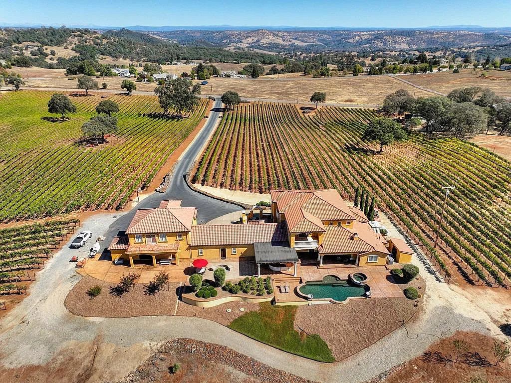 100 Shultz Vineyard Road, Shingle Springs, California is an architectural masterpiece overlooks a gorgeous working vineyard including state of the art appliances, high-end fixtures and finishes, custom iron works, and hand carved marble fireplaces and soaking tub.