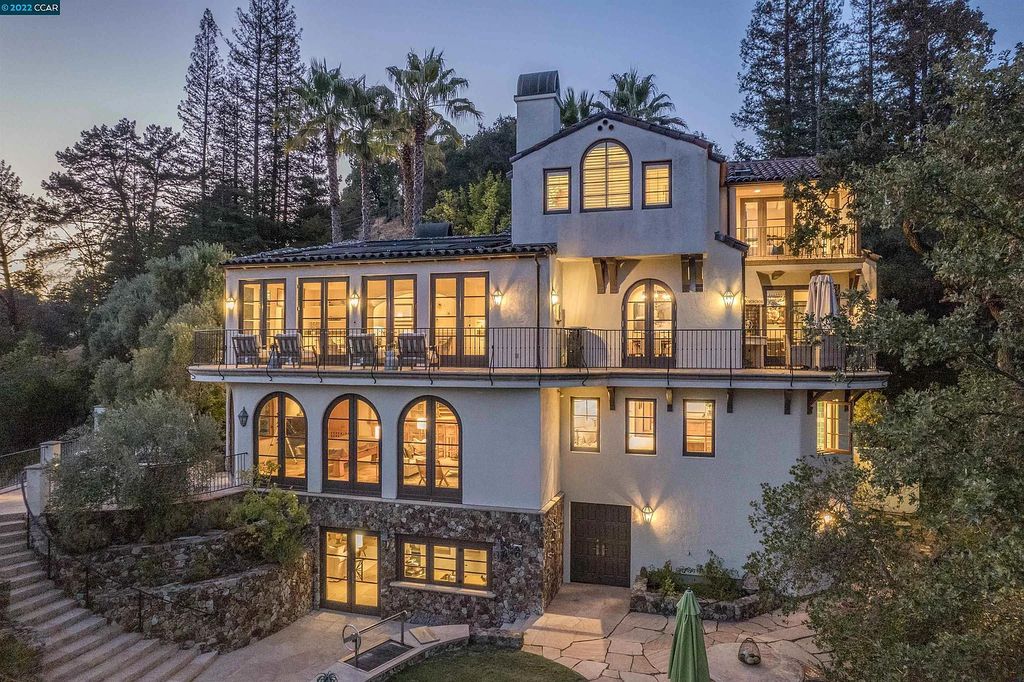 160 Camino Don Miguel, Orinda, California is a Spanish Revival estate originally constructed in 1929 sited on private gated grounds with breathtaking panoramic views, Mediterranean landscaping, offer a resort-like setting with direct access to the Orinda Country Club golf course.