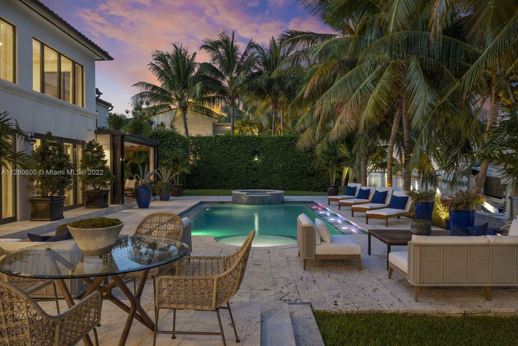 2901 Flamingo Drive, Miami Beach, Florida is named La Joya with 300 foot of water in most vibrant neighborhood on Miami Beach, features include dramatic master + sitting rm. 13ft ceilings, wall of glass, + 3 terraces. 4 beds up 1 down+ office/library. 1 bd, 1 and a half bath guest villa with private patio, 2 car garage, private gated entry court.