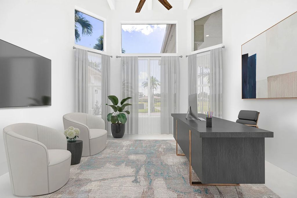 11795 Littlestone Court, Palm Beach Gardens, Florida is a stunning renovated one story house with golf views overlooking the PGA National Golf Course, filled with sunlight rooms, stylish welcoming spaces offering areas for intimate or grand-scale gatherings.