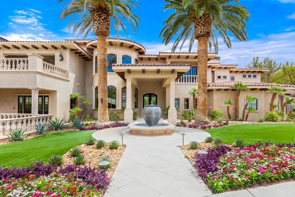 27 Eagles Landing Lane Home in Las Vegas, Nevada. Welcome to the prestigious Southern Highlands Golf Club, where you'll find the iconic Mediterranean estate at 27 Eagles Landing Lane. This custom-designed home offers an unmatched living experience, boasting captivating views of the city, mountains, and golf course. Every detail of this Richard Luke masterpiece has been meticulously crafted, from the architectural iron details to the Turkish marble floors.
