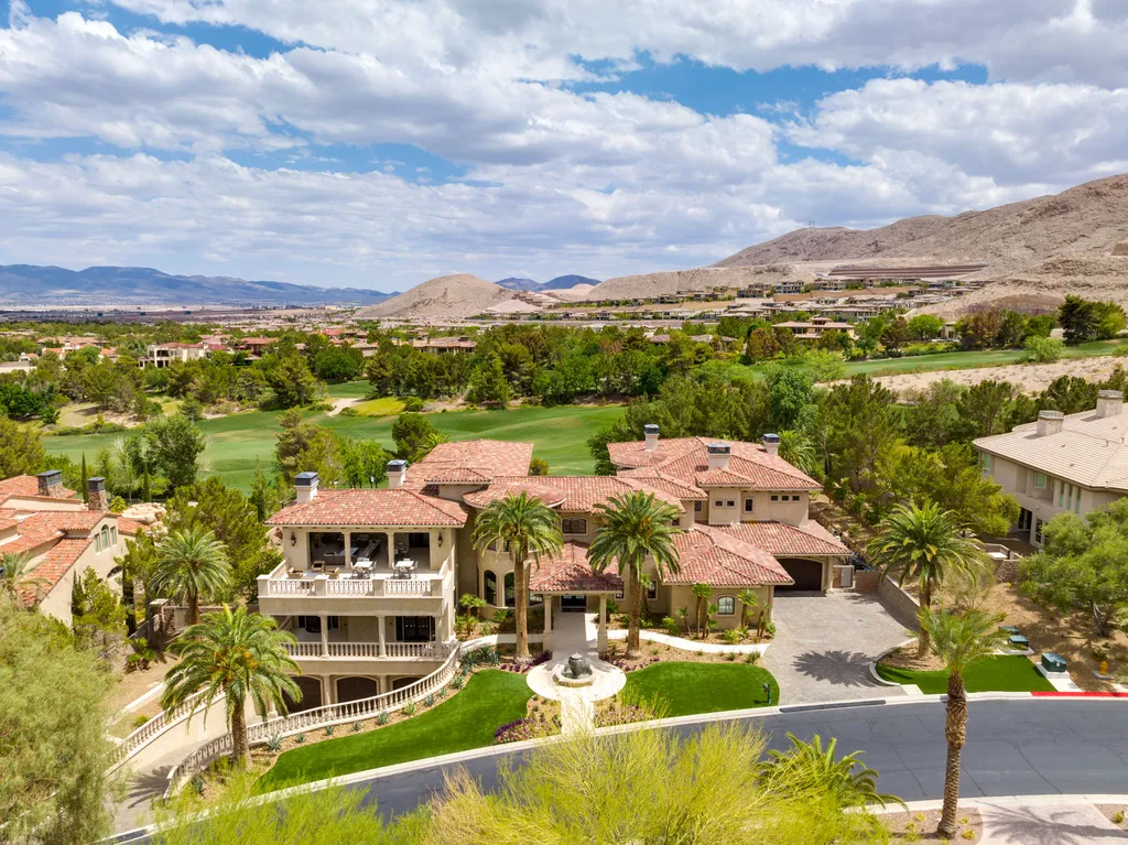 27 Eagles Landing Lane Home in Las Vegas, Nevada. Welcome to the prestigious Southern Highlands Golf Club, where you'll find the iconic Mediterranean estate at 27 Eagles Landing Lane. This custom-designed home offers an unmatched living experience, boasting captivating views of the city, mountains, and golf course. Every detail of this Richard Luke masterpiece has been meticulously crafted, from the architectural iron details to the Turkish marble floors.