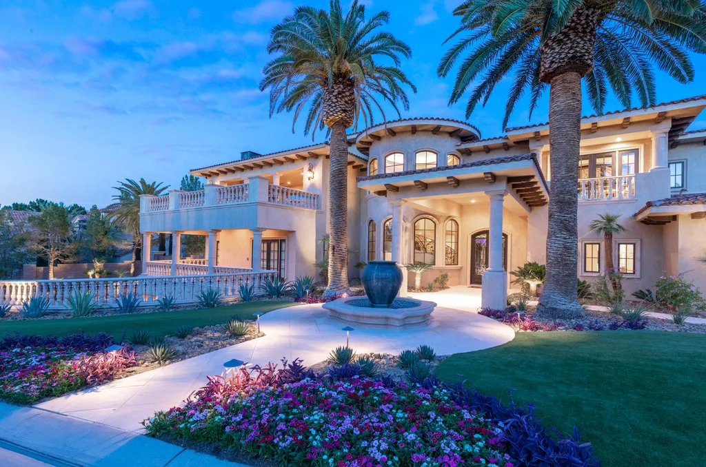 27 Eagles Landing Lane Home in Las Vegas, Nevada. Welcome to the prestigious Southern Highlands Golf Club, where you'll find the iconic Mediterranean estate at 27 Eagles Landing Lane. This custom-designed home offers an unmatched living experience, boasting captivating views of the city, mountains, and golf course. Every detail of this Richard Luke masterpiece has been meticulously crafted, from the architectural iron details to the Turkish marble floors.