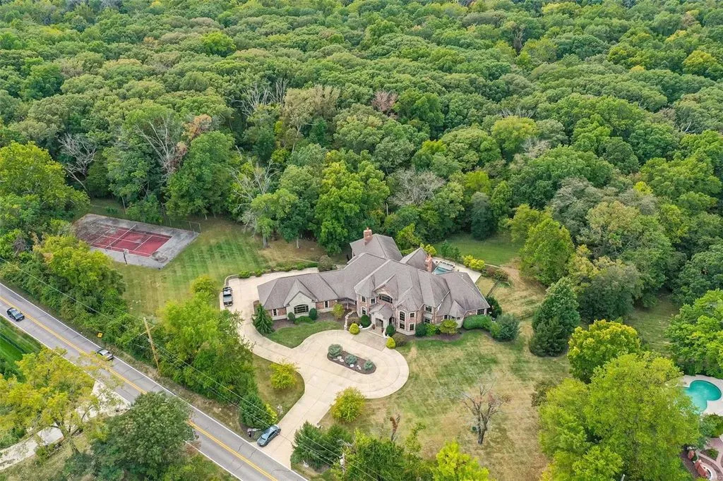 1377 South Mason Road Home in Saint Louis, Missouri. Discover this remarkable 3.3-acre estate bordering Queeny Park, boasting an array of extraordinary outdoor amenities and unmatched privacy. With a massive 2-story foyer, designer kitchen, primary suite with a see-through fireplace, and a sprawling lower level featuring a rec room, theatre, gym, and more. 