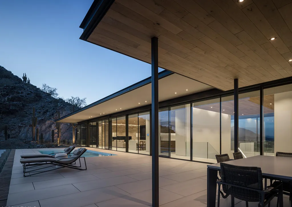 4301 E Upper Ridge Way Home in Paradise Valley, Arizona. Perched between two mountain peaks, the Upper Ridge Residence is an 8,000+ sf modern marvel designed by The Construction Zone. Featuring panoramic Valley of the Sun views, this steel and glass pavilion offers the highest level of craftsmanship.