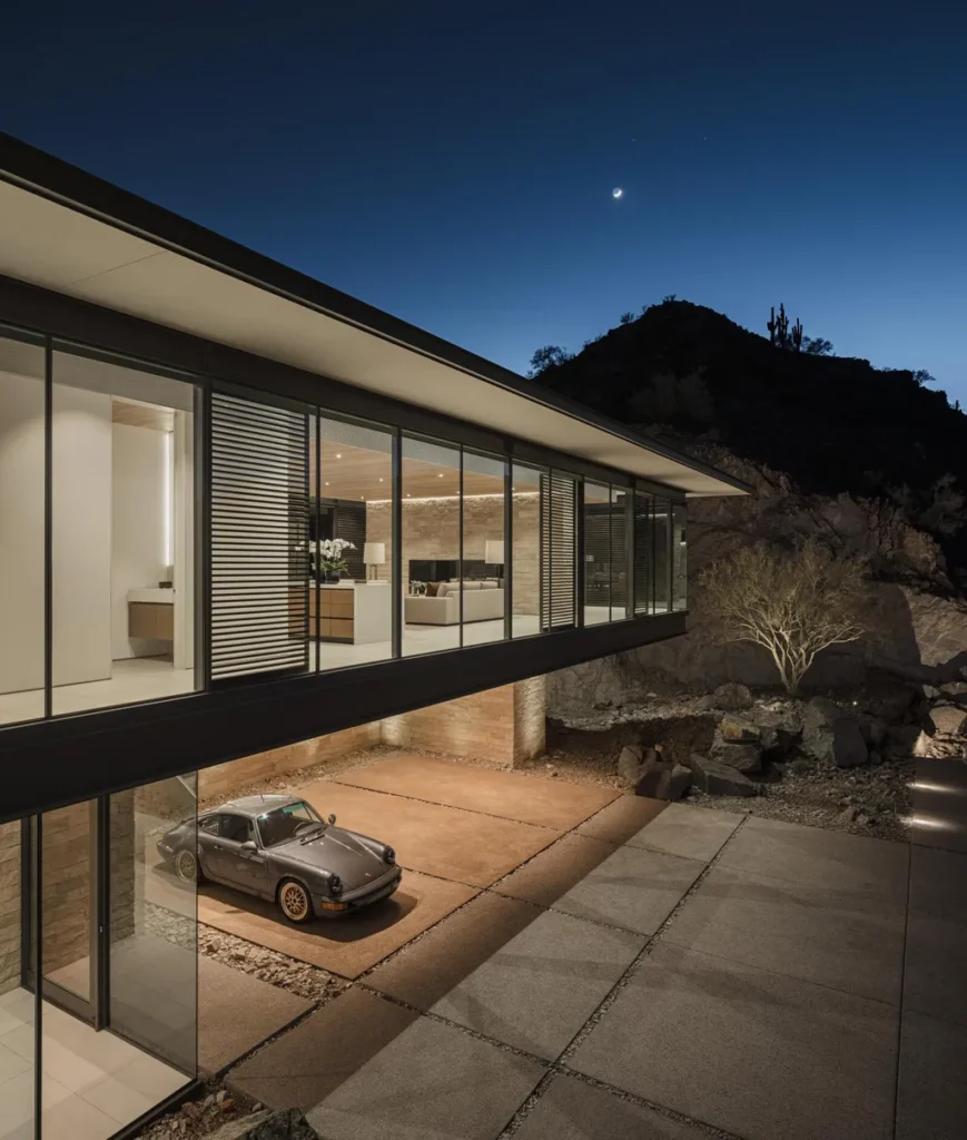 4301 E Upper Ridge Way Home in Paradise Valley, Arizona. Perched between two mountain peaks, the Upper Ridge Residence is an 8,000+ sf modern marvel designed by The Construction Zone. Featuring panoramic Valley of the Sun views, this steel and glass pavilion offers the highest level of craftsmanship.