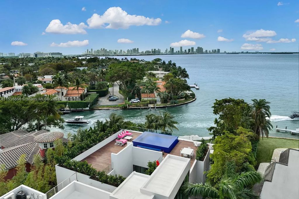 Welcome to 5004 N Bay Rd, a 2016 masterpiece by renowned designer Jennifer Post, blending modern architecture with timeless elegance. This 8-bed, 9-bath waterfront haven on prestigious North Bay Road boasts a stunning atrium courtyard, seamless living spaces, and a gourmet kitchen.