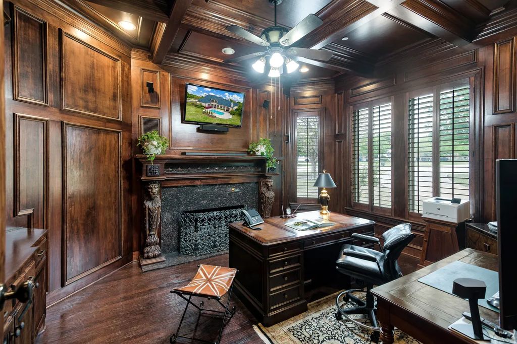 920 Broken Lance Lane Home in Rockwall, Texas. Discover the epitome of luxury living in this French-inspired estate nestled within a lakeside community near Dallas amenities. With 61 estate homes in the gated Oaks of Buffalo Way, this property exudes elegance with its wrought-iron porte cochere, NEW roof with copper turret, and 5 fireplaces.