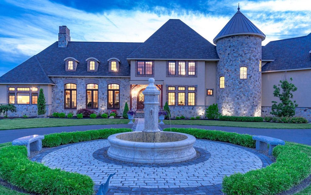 65 Brown Road Home in Stillwater, New York. Experience unparalleled luxury in this exquisite French Country Chateau nestled on 15 acres with stunning views of Saratoga Lake. Boasting 7,237 SF, this custom mansion features 5 bedroom suites, 7.5 baths, and a separate pool house with kitchenette, bathroom, and fireplace. 