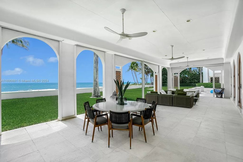 This 11,599 square feet estate on a 41,750 square feet lot includes 150 feet of private ocean frontage.