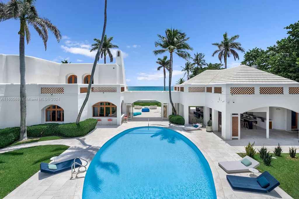 This 11,599 square feet estate on a 41,750 square feet lot includes 150 feet of private ocean frontage.