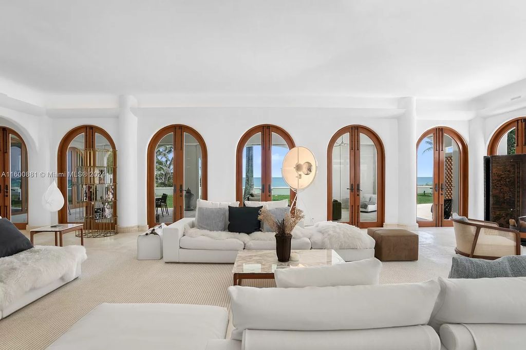 This 11,599 square feet estate on a 41,750 square feet lot includes 150 feet of private ocean frontage.
