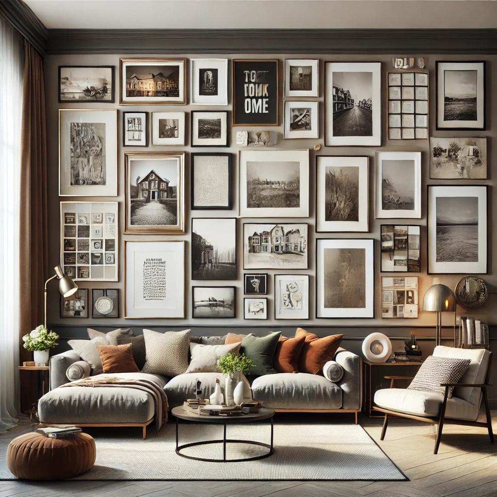 A contemporary living room featuring a gallery wal