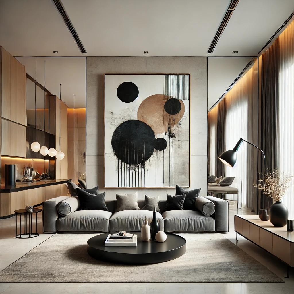 A contemporary living room featuring a large bold 1