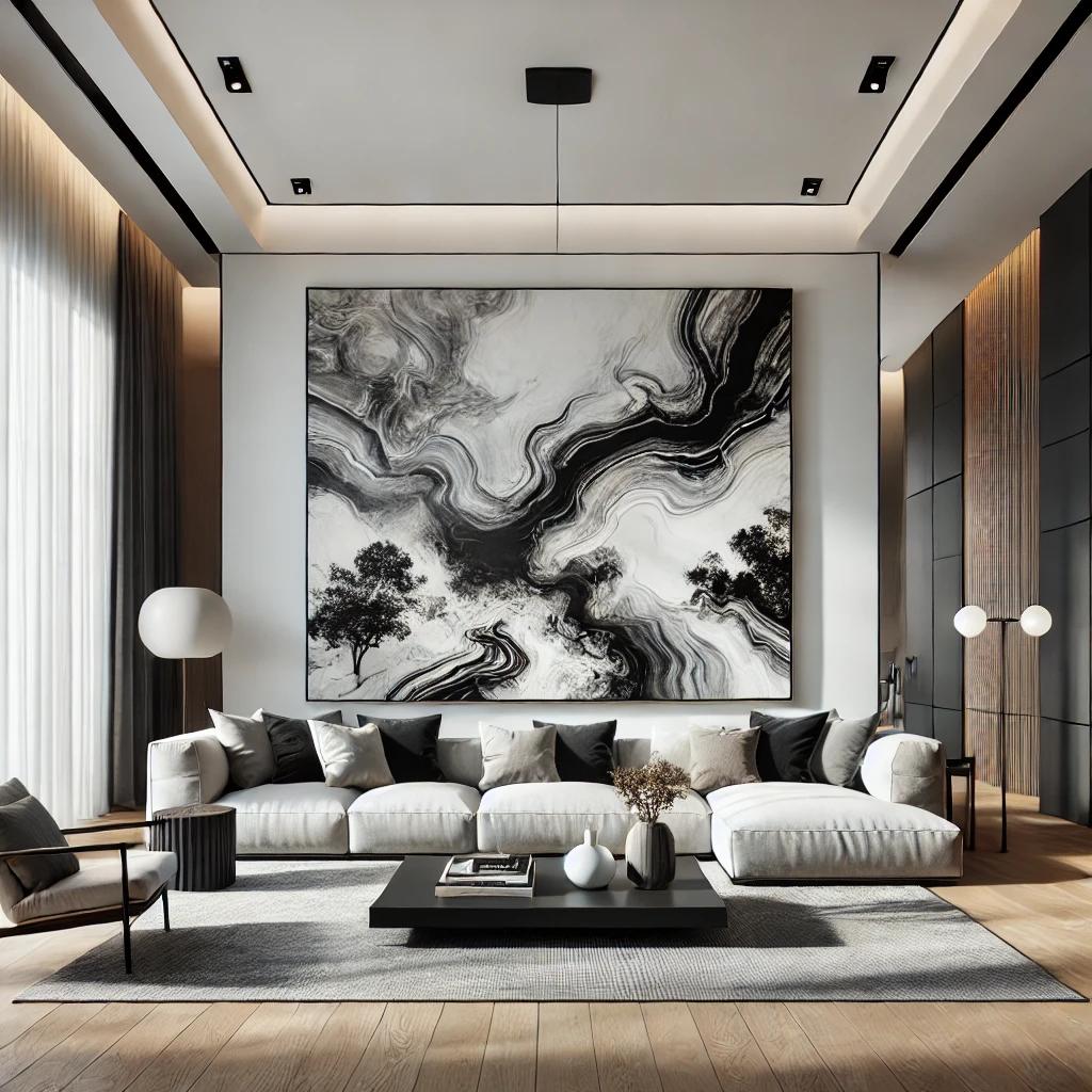 A contemporary living room featuring a large bold