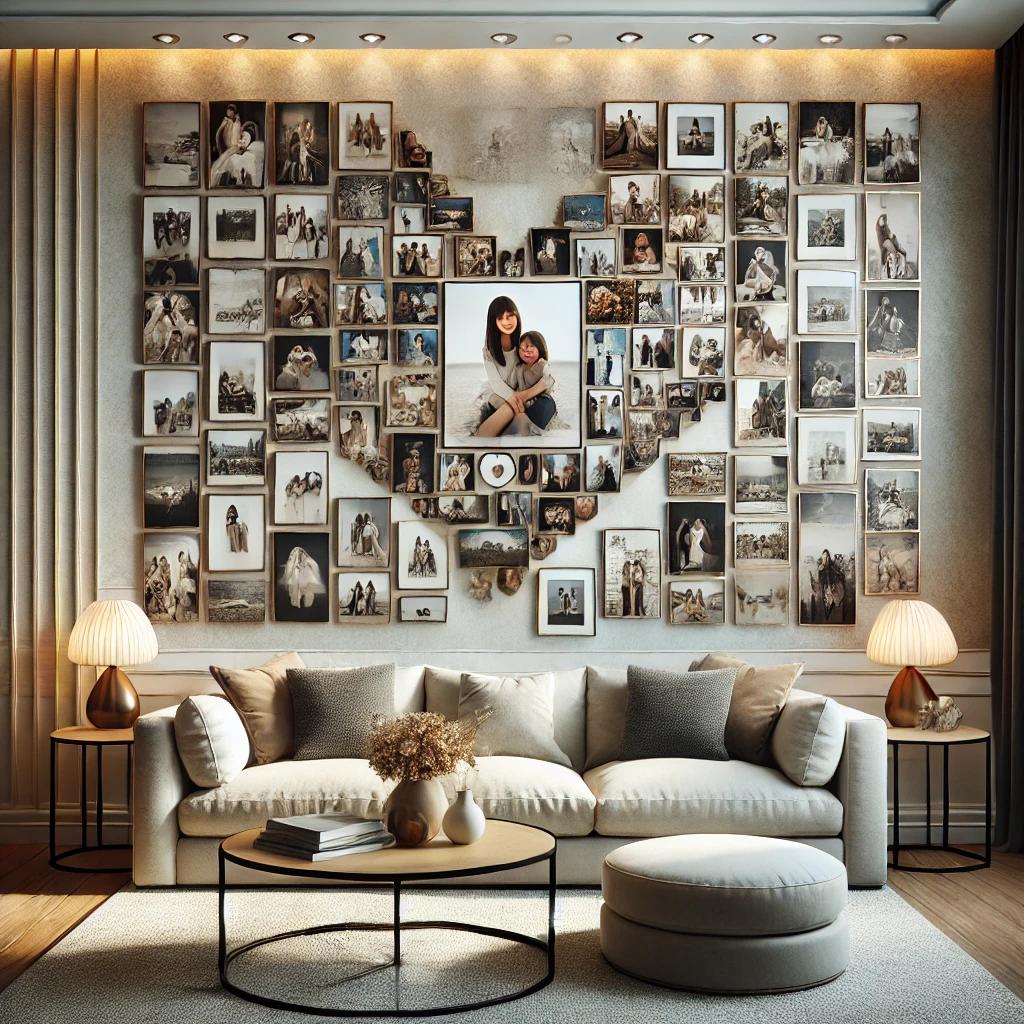A contemporary living room featuring a photo colla