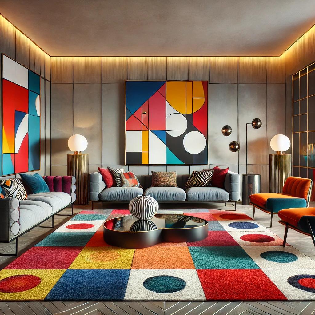 A contemporary living room featuring bold colors a