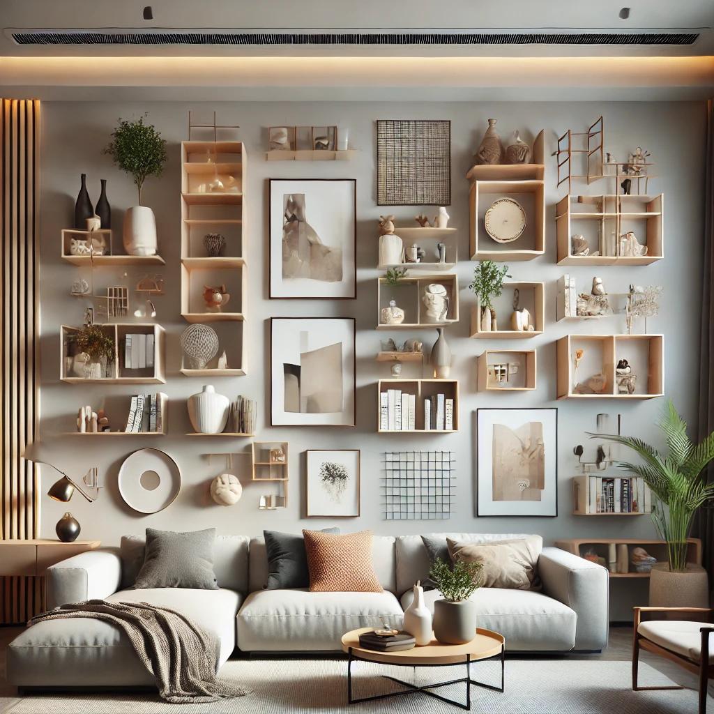 A contemporary living room featuring floating shel