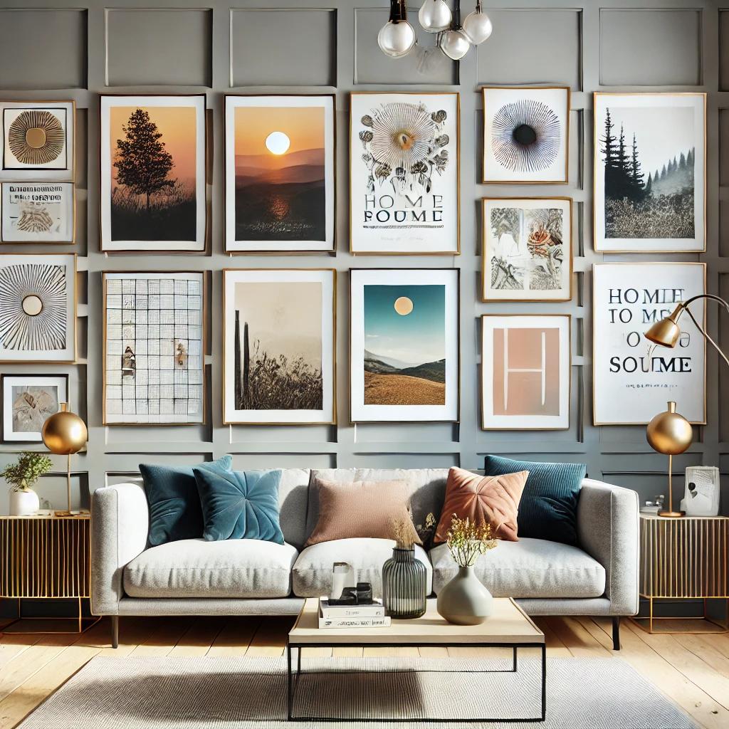A contemporary living room featuring framed prints