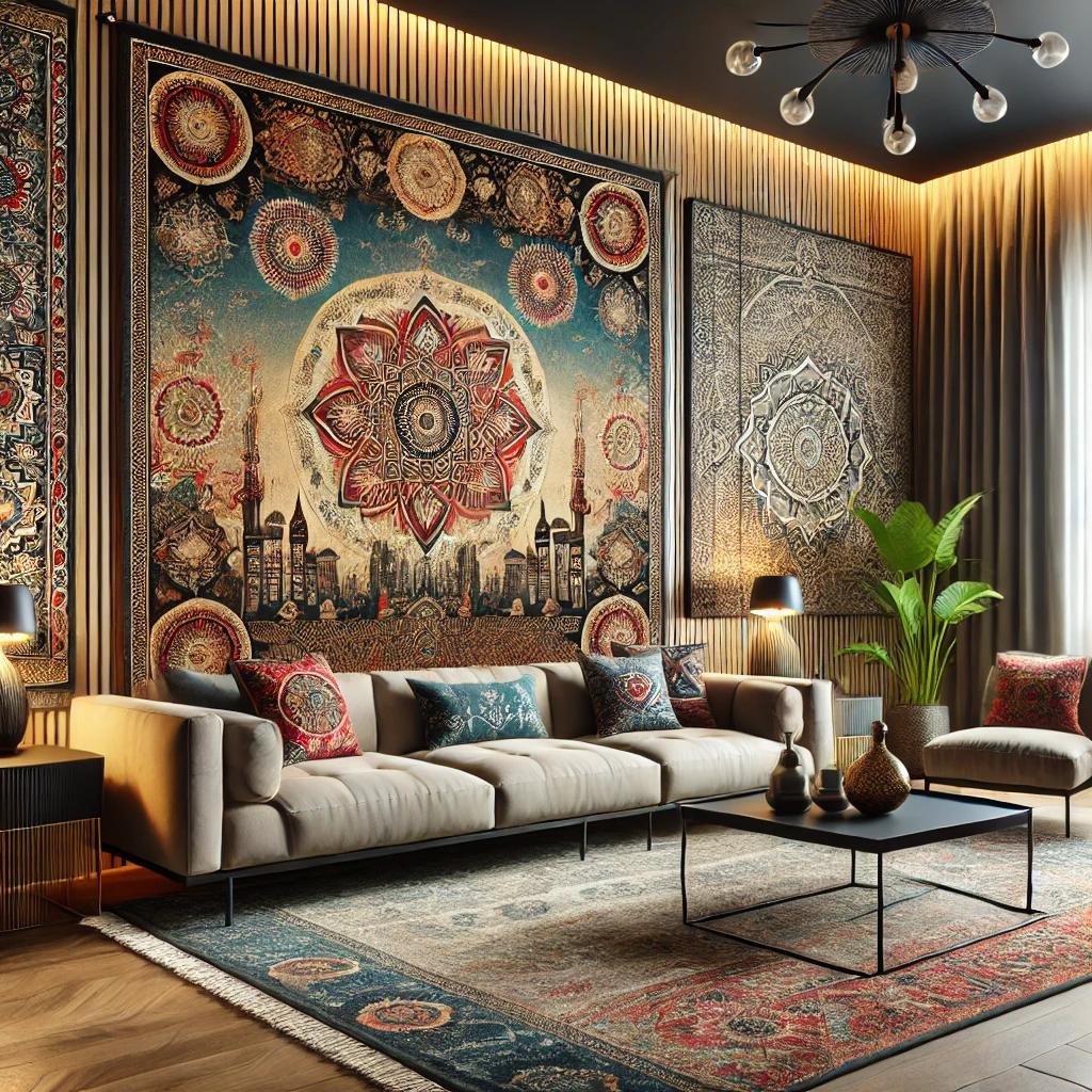 A contemporary living room featuring tapestries th