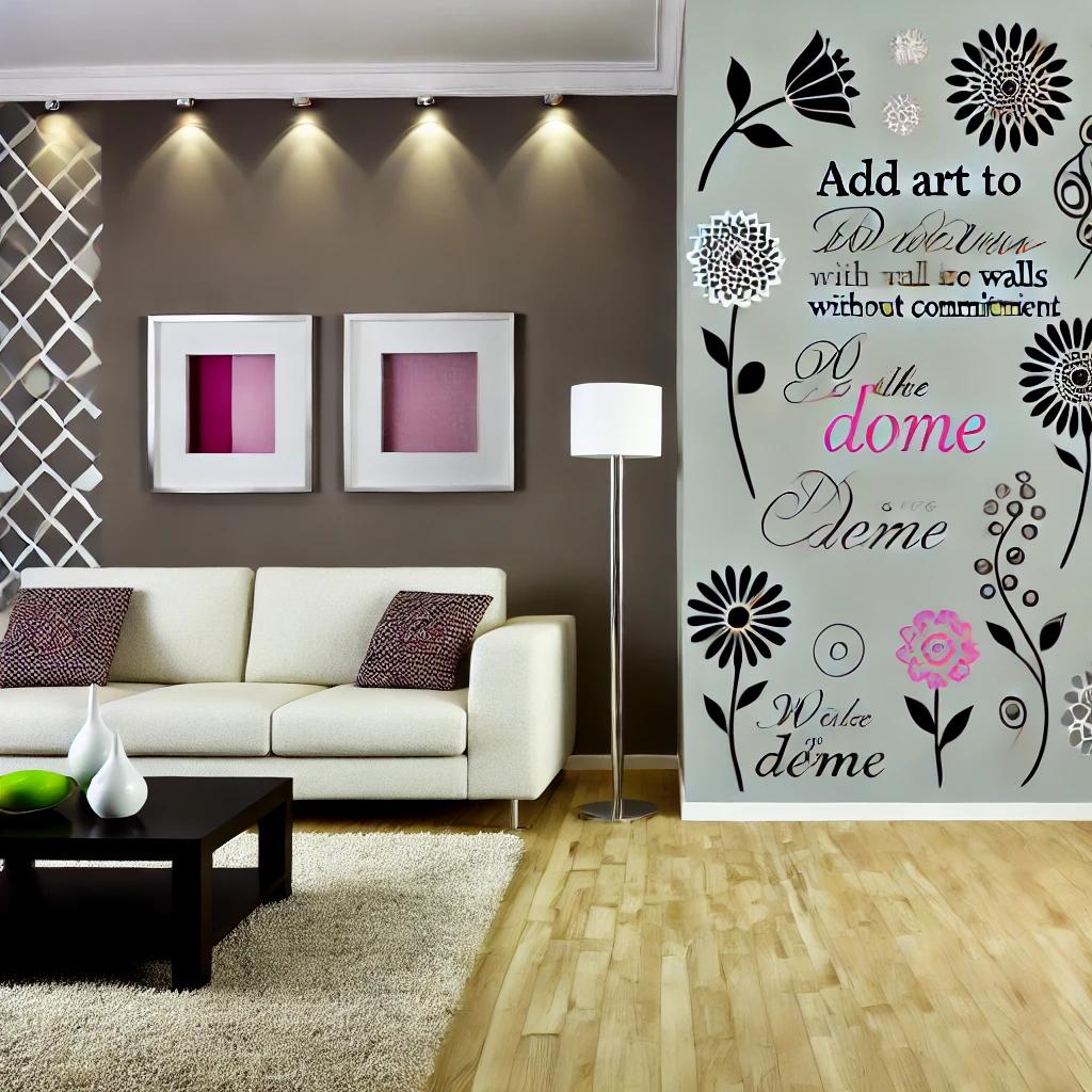A contemporary living room featuring wall decals t