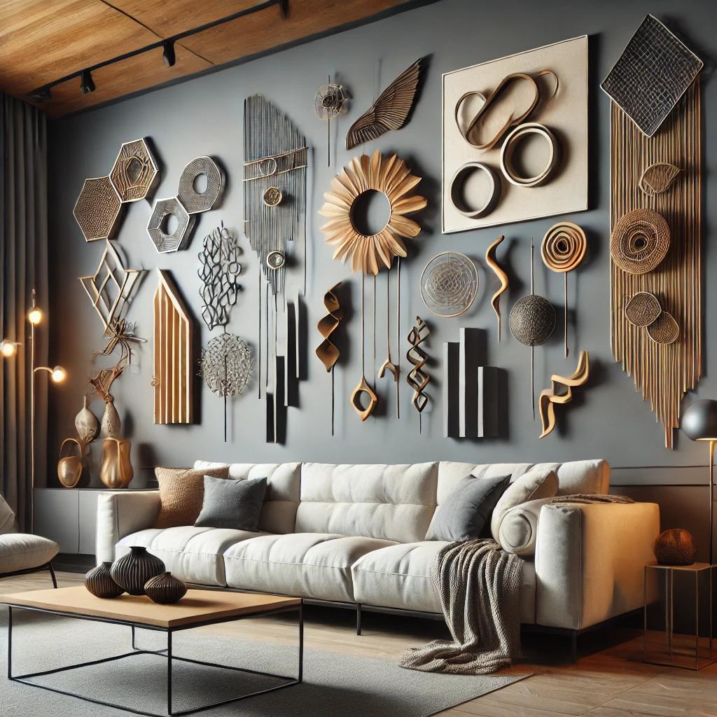 A contemporary living room featuring wall sculptur