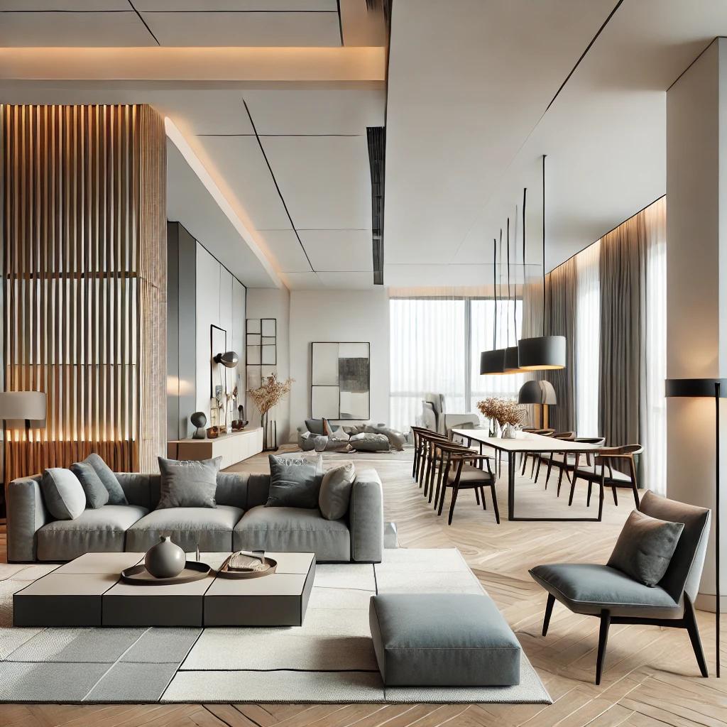 A contemporary living room with an open layout tha