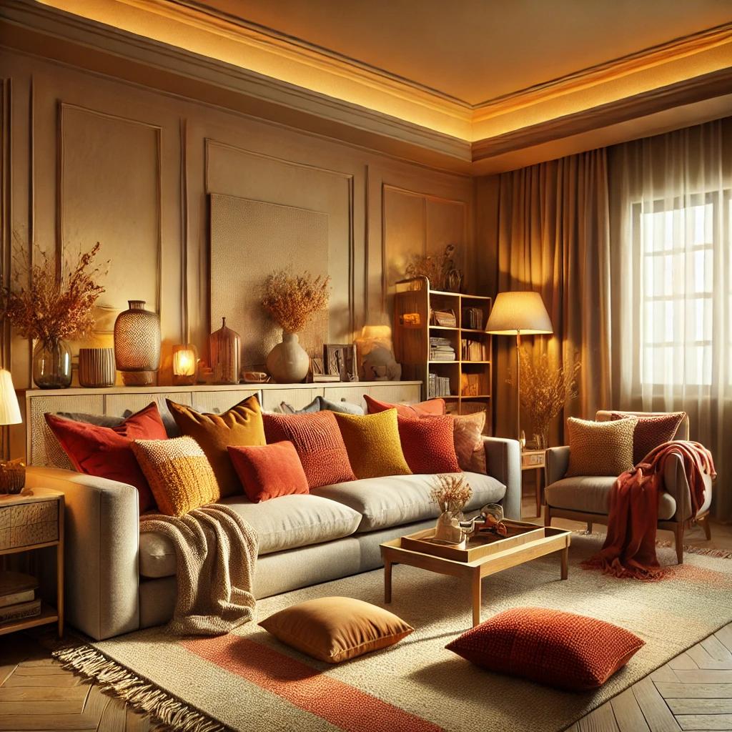 A cozy living room featuring a warm color palette