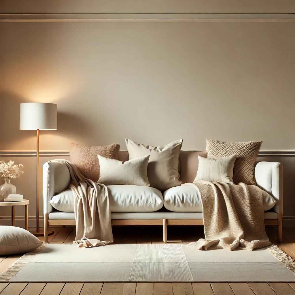 A simple and cozy living room featuring soft furni