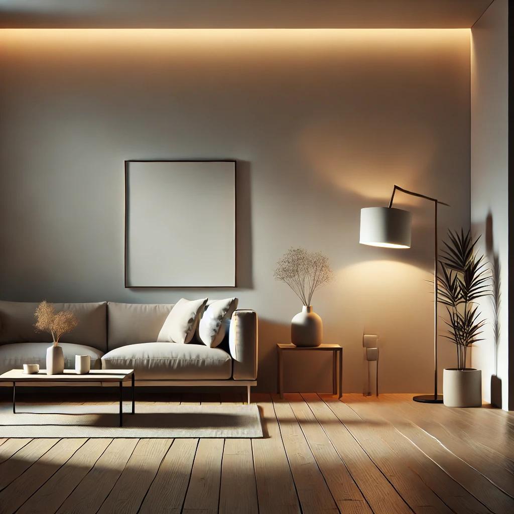 simple contemporary living room with minimal lighting