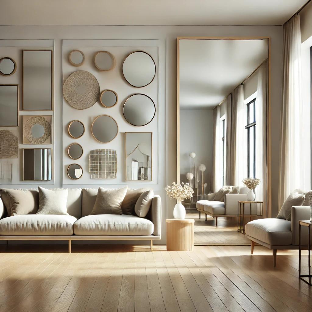 simple contemporary living room with mirrors