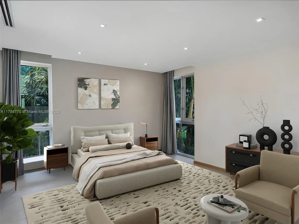 Modern open-concept living room in Miami Beach home for sale with custom stone finishes