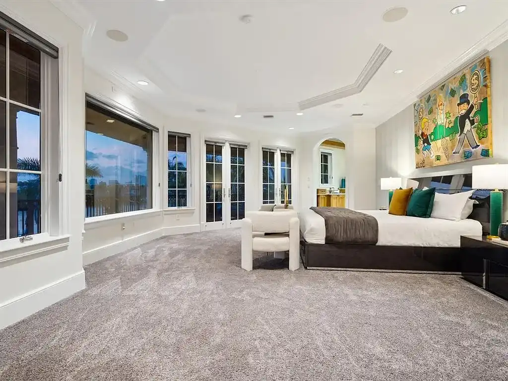 Interior living room of 1423 & 1435 Hillview Ave featuring coffered ceilings and stone fireplace