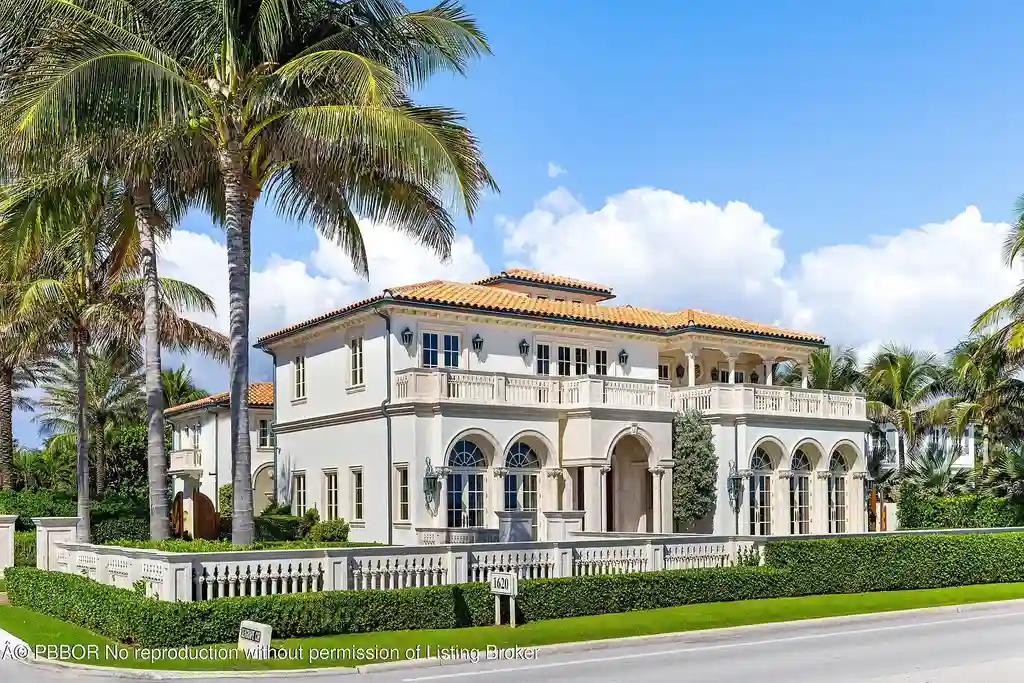 Front view of 1620 S Ocean Blvd luxury oceanfront estate in Palm Beach, Florida with Mediterranean architecture and private beach access