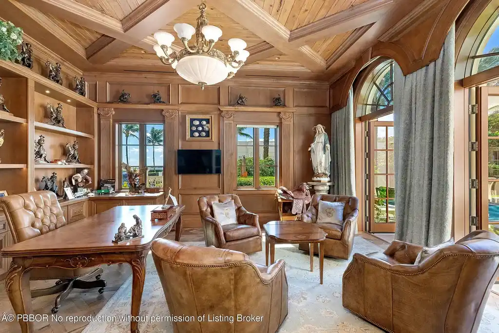 Front view of 1620 S Ocean Blvd luxury oceanfront estate in Palm Beach, Florida with Mediterranean architecture and private beach access