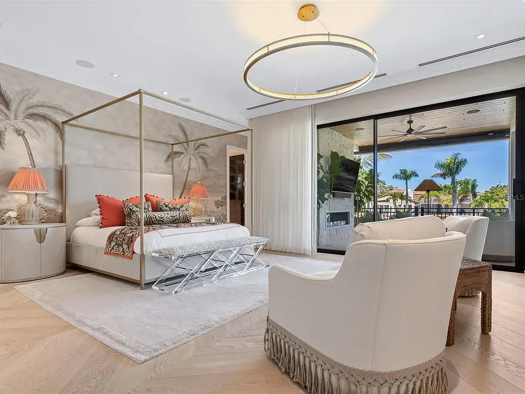 Exterior view of 440 Meadow Lark Dr, Sarasota, a $13.7M waterfront estate with pool, dock, and luxury architectural design