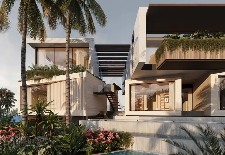Architectural close-up of the Manalapan mansion featuring glass walls, overhangs, and lush greenery.