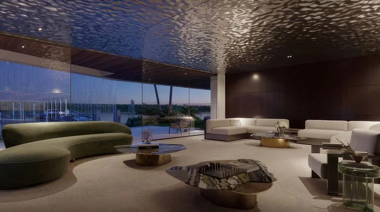 Modern living lounge with panoramic water views inside the Manalapan estate, Florida’s most expensive home.