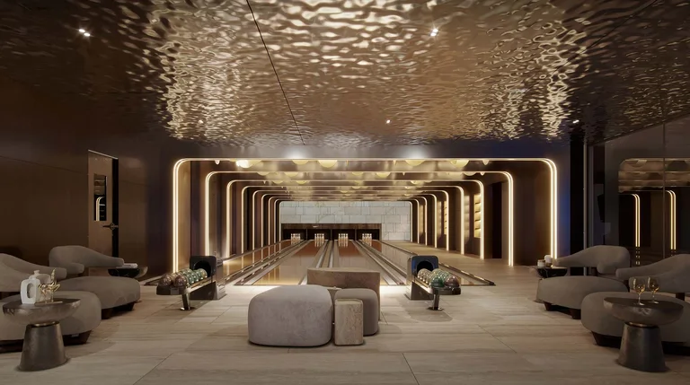 Private luxury bowling alley with modern lighting at 1960 S Ocean Boulevard, Manalapan, Florida.